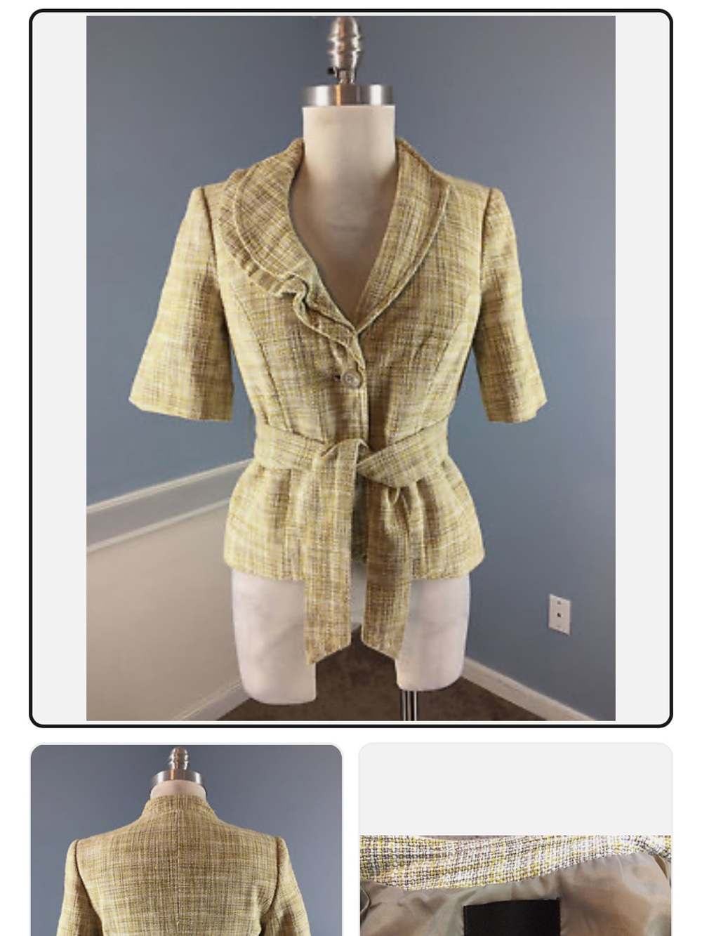 The Limited Pale Yellow Tweed Short Sleeve Belted Blazer